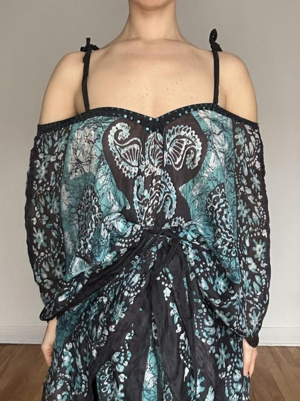 Boho Black & Teal Floral Tunic Top